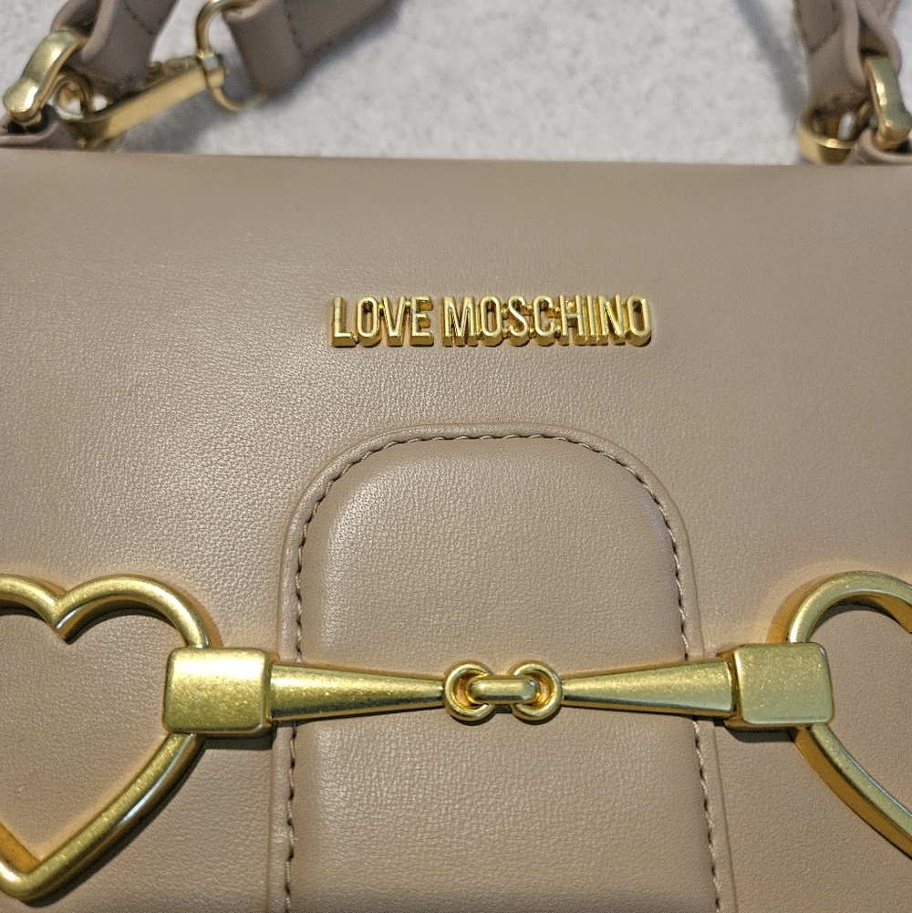 Love Moschino Heart-Bit Top Handle Bag Taupe Nude Leather Luxury Coquette Girl - Picture 4 of 14